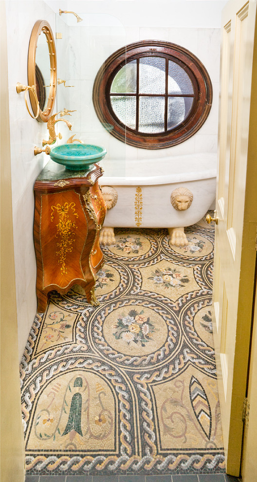 This is an example of a small traditional master bathroom in Sydney with furniture-like cabinets, brown cabinets, a claw-foot tub, an alcove shower, a one-piece toilet, beige tile, marble, white walls, mosaic tile floors, a vessel sink, granite benchtops, a shower curtain, green benchtops, a single vanity, a freestanding vanity, coffered and decorative wall panelling.