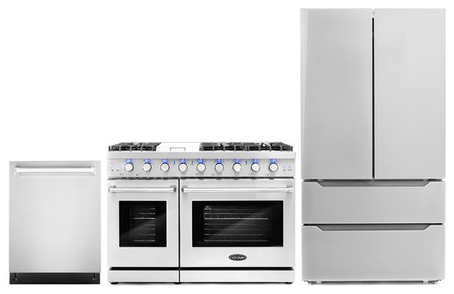 3-Piece, 48" Gas Range, 24" Dishwasher and French Door Refrigerator