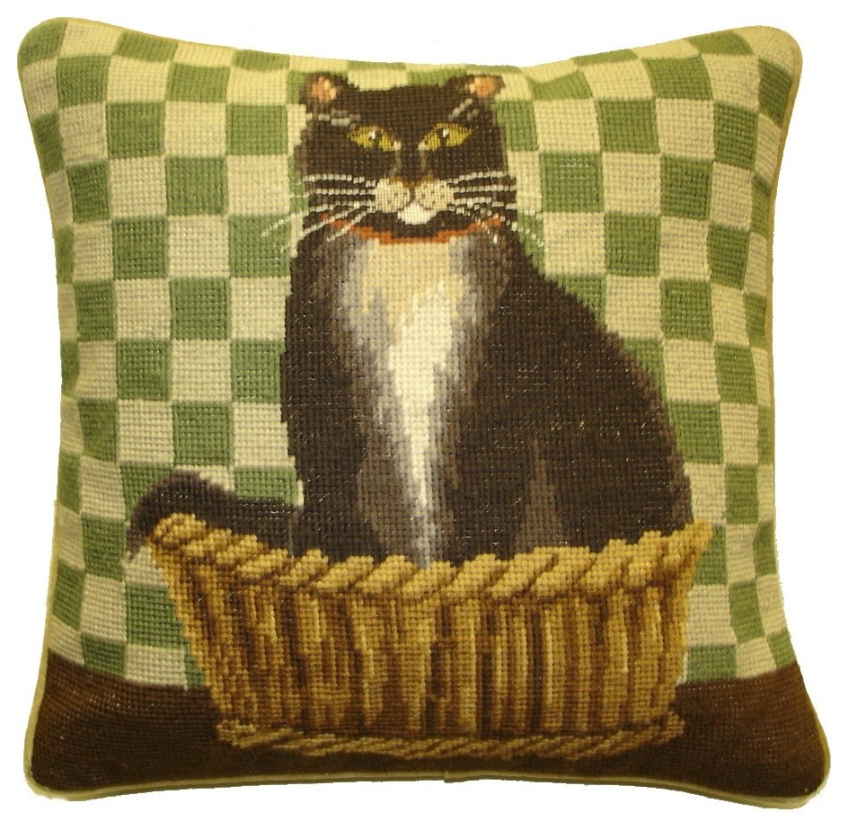Cat Needlepoint Checkered Pillow Traditional Decorative