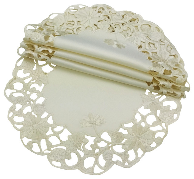Daisy Lace Embroidered Cutwork Collection Set of 4 Round Doily, 12