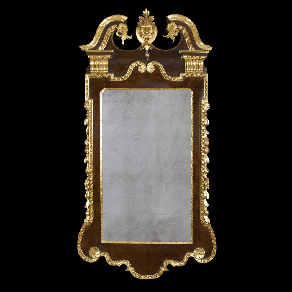 George II Walnut and Gilt Scroll Top Mirror