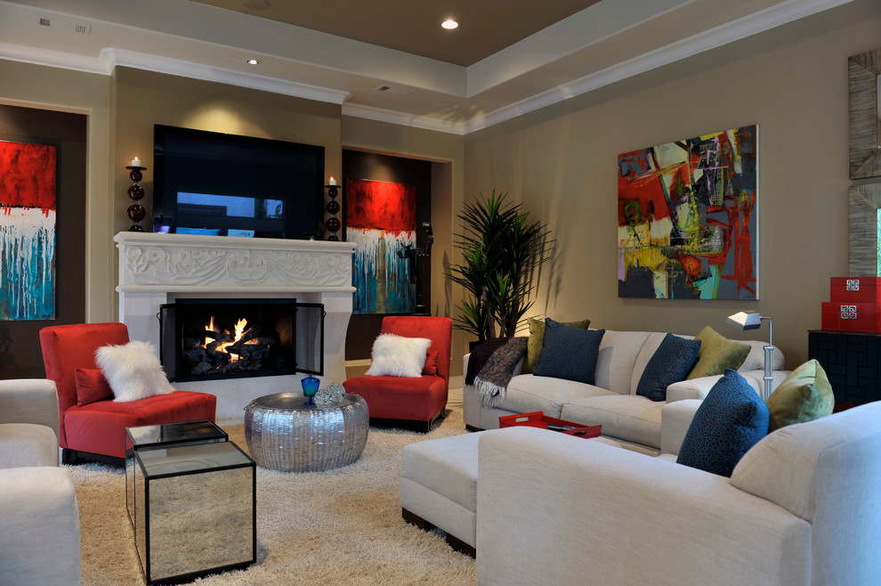 Inspiration for a modern formal enclosed living room in Houston with a standard fireplace, a plaster fireplace surround, a wall-mounted tv and beige walls.