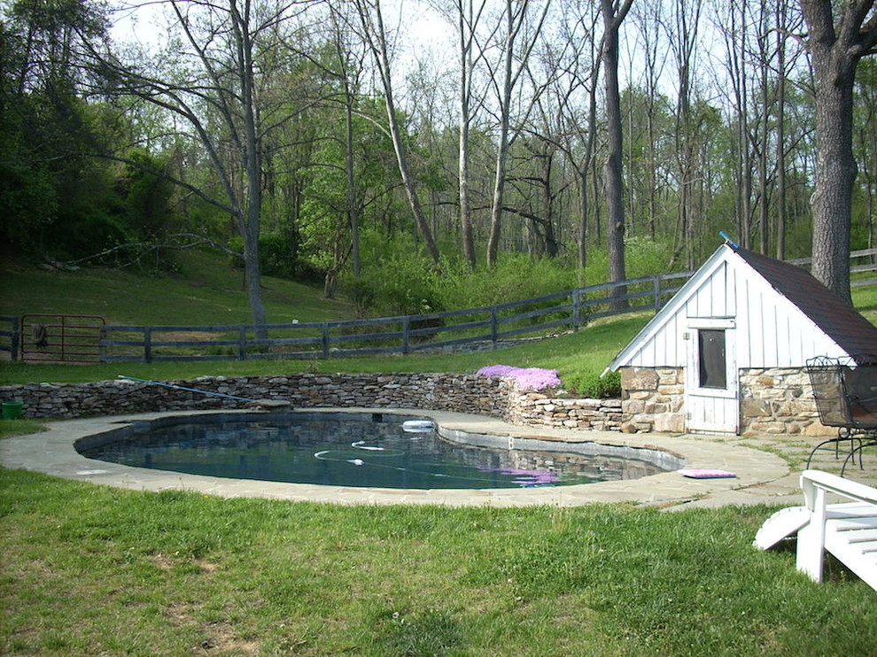 Inspiration for a mid-sized backyard stone and custom-shaped lap pool house remodel in Baltimore