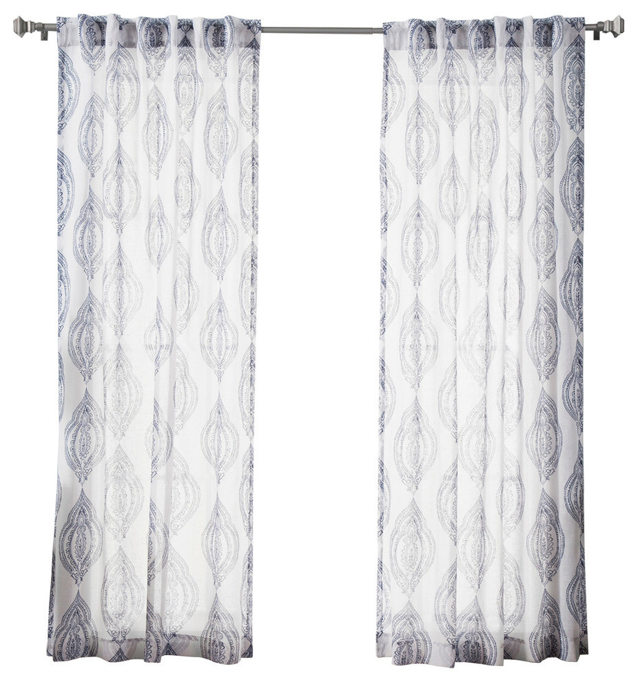 Medallion Print Sheer Faux Pippin Linen Curtains, Navy