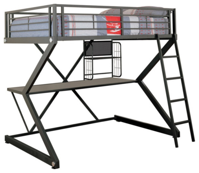 Metal Full Size Workstation Loft Bed With Z Shaped Design, Black Transitional Loft Beds by