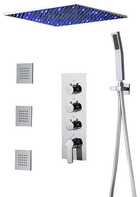 Brushed Nickel Ceiling Mount LED Rainfall Shower Set Thermostat, BS ...