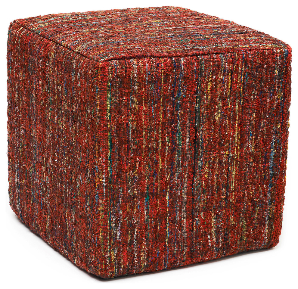 Rusa Ruby Red Sari Pouf Cube Ottoman