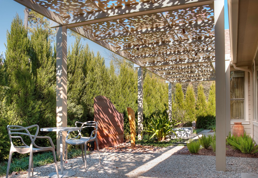 Design ideas for a small contemporary backyard patio in Houston with gravel and a pergola.
