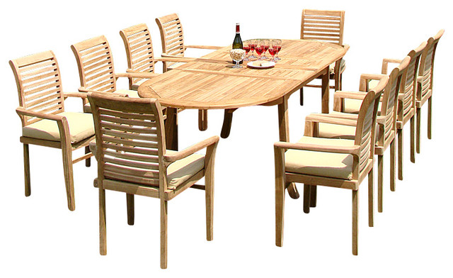 13 Piece Outdoor Teak Dining Set 117 Oval Table 12 Mas Stacking Arm Chairs