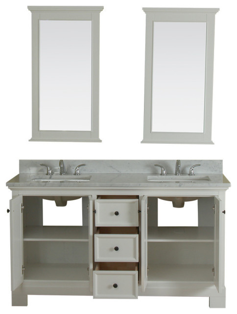 60 in Double Bathroom Vanity in White with Carrera Marble Top and No ...