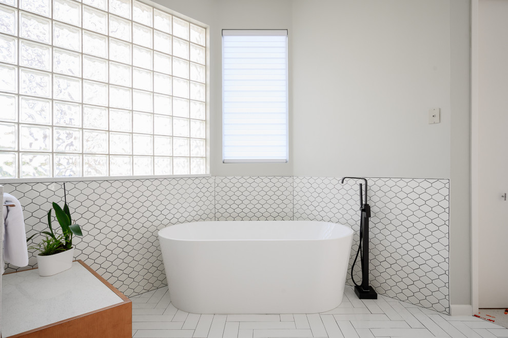 Large contemporary master bathroom in Dallas with light wood cabinets, a freestanding tub, an alcove shower, a two-piece toilet, yellow tile, glass tile, grey walls, ceramic floors, an undermount sink, quartzite benchtops, white floor, an open shower and white benchtops.