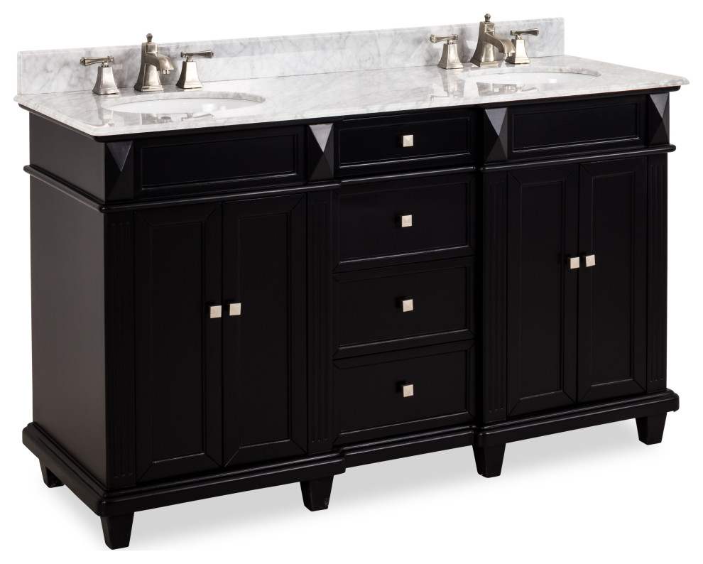 60" Double Black Vanity,Tapered Feet, Carrara Marble Top,2 Oval Bowls