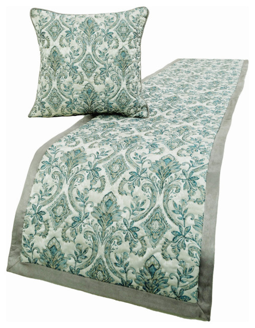 Designer Gray Silk Twin 53"x18" Bed Runner and Pillow Cover, Damask Anastasia