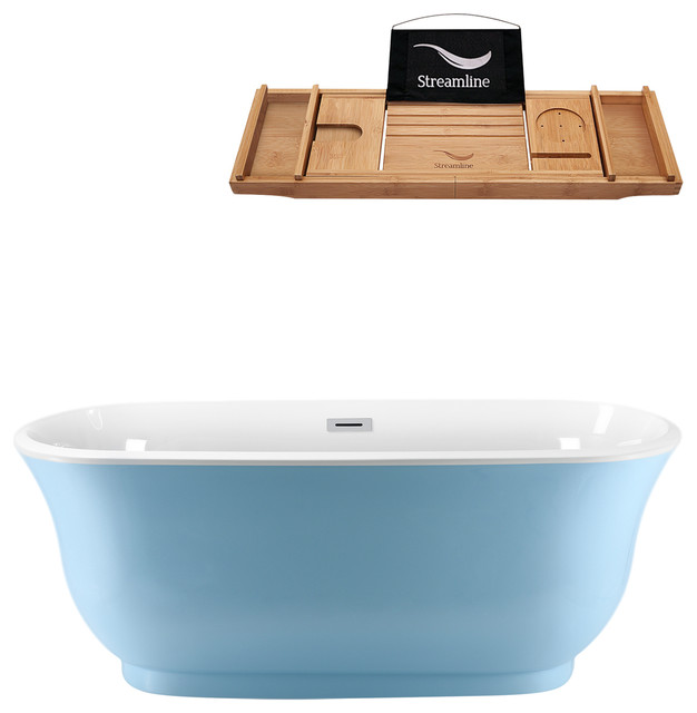 59" Blue Freestanding Tub and Tray With External Drain, Oval Shaped