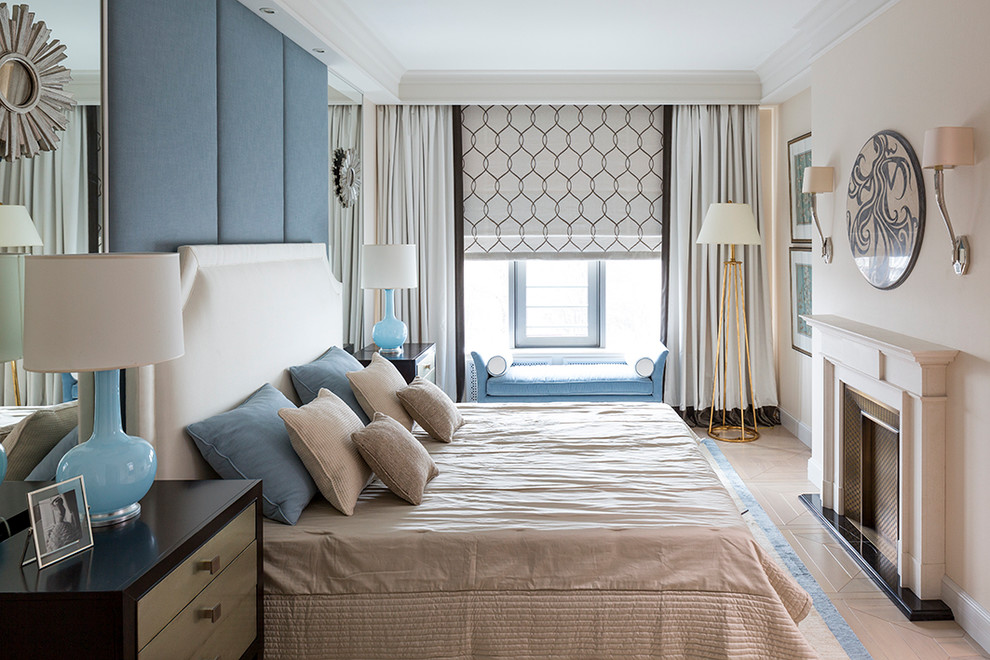 Contemporary master bedroom in Saint Petersburg with beige walls and light hardwood floors.