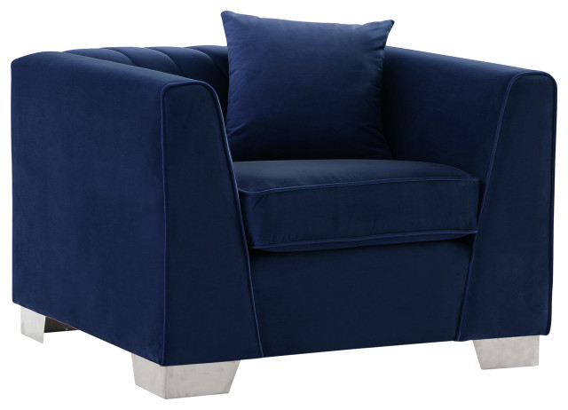 Cambridge Contemporary Sofa Chair, Brushed Stainless Steel, Blue Velvet