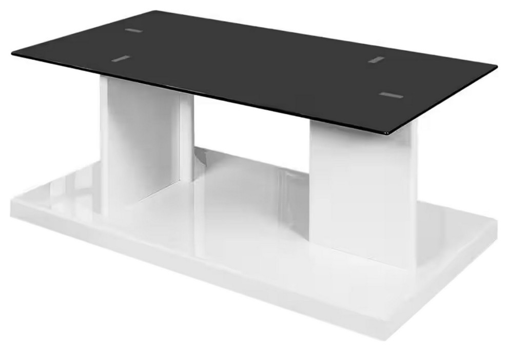 Liam 47" Rectangular Coffee Table, White Wood, Pedestal Base, Glass Top