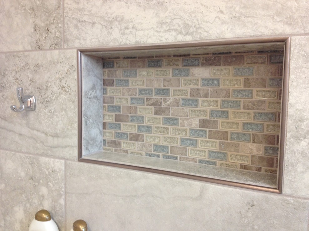 Inspiration for a mid-sized transitional kids' gray tile and porcelain tile porcelain tile home design remodel with an undermount sink, raised-panel cabinets, white cabinets, granite countertops and orange walls