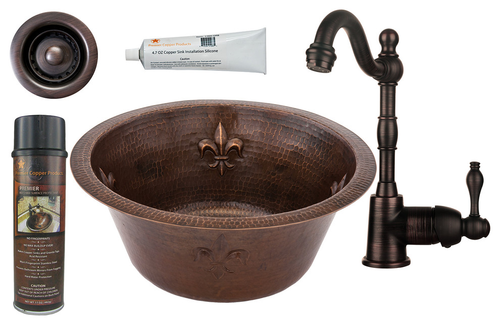 16" Copper Bar Fleur De Lis Sink, Faucet, 2" Drain, Accessories