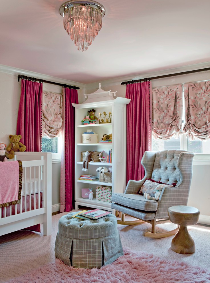 Traditional nursery in Los Angeles with carpet and beige floor for girls.