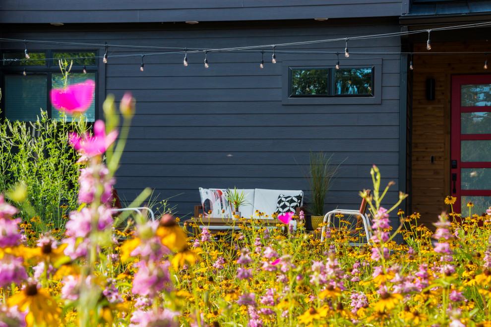 На фото: солнечный, весенний засухоустойчивый сад среднего размера на переднем дворе в стиле модернизм с клумбами, хорошей освещенностью, покрытием из гравия и с деревянным забором
