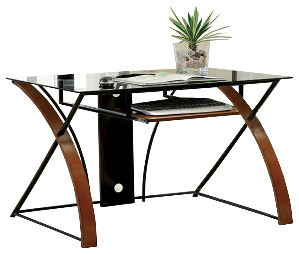 Glass Top Computer Desk With Z Shaped Metal Legs, Brown And Black