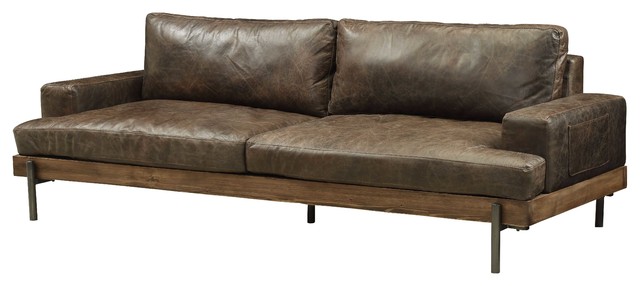 Sofa In Distressed Chocolate Top Grain, Leather Sofa With Wooden Trim