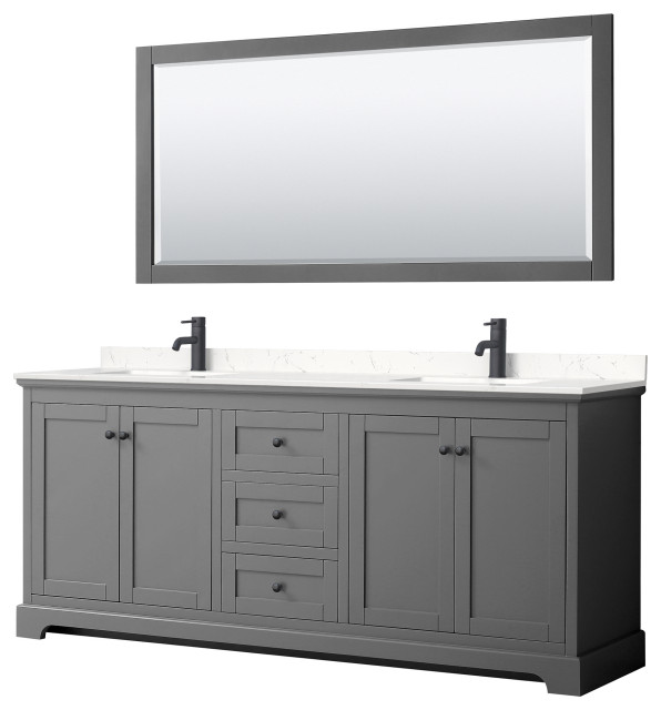 Avery 80" Double Vanity, Dark Gray, Carrara Marble Top, Black Trim, 70