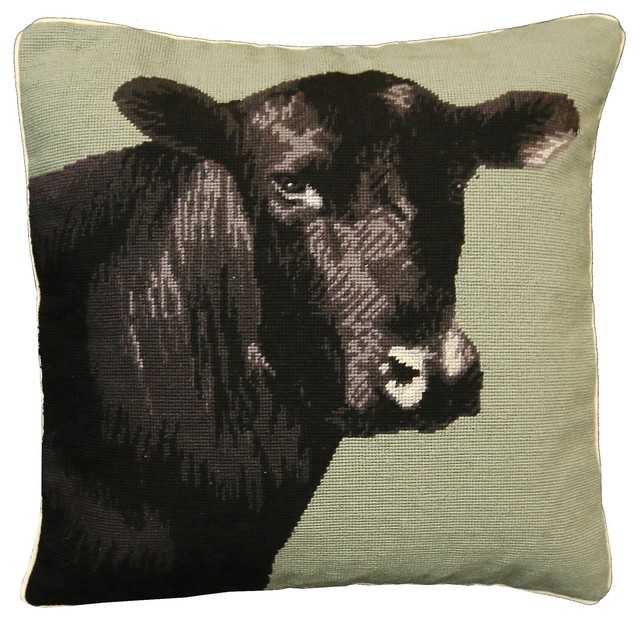 Throw Pillow Needlepoint Black Angus Cow Farmhouse Decorative