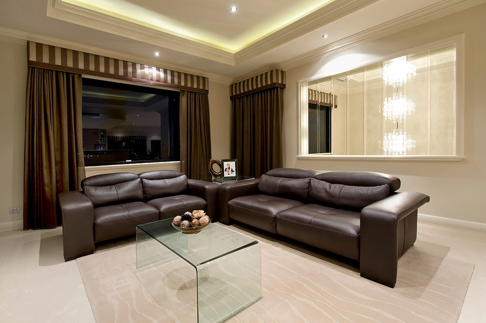 Inspiration for a mid-sized contemporary open concept living room in Perth with beige walls and porcelain floors.