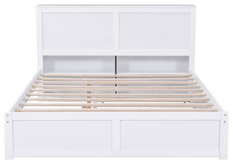Queen Platform Bed, Headboard With Pull Out Storage Shelves & Trundle