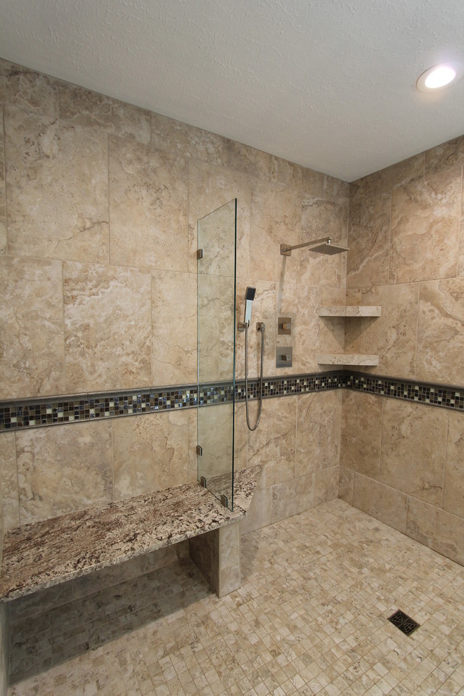 Doorless shower - transitional master multicolored tile and mosaic tile porcelain tile doorless shower idea with a console sink