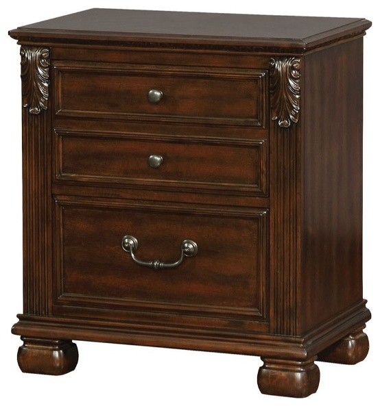 Two Drawer Solid Wood Nightstand with Metal Handles, Cherry Brown