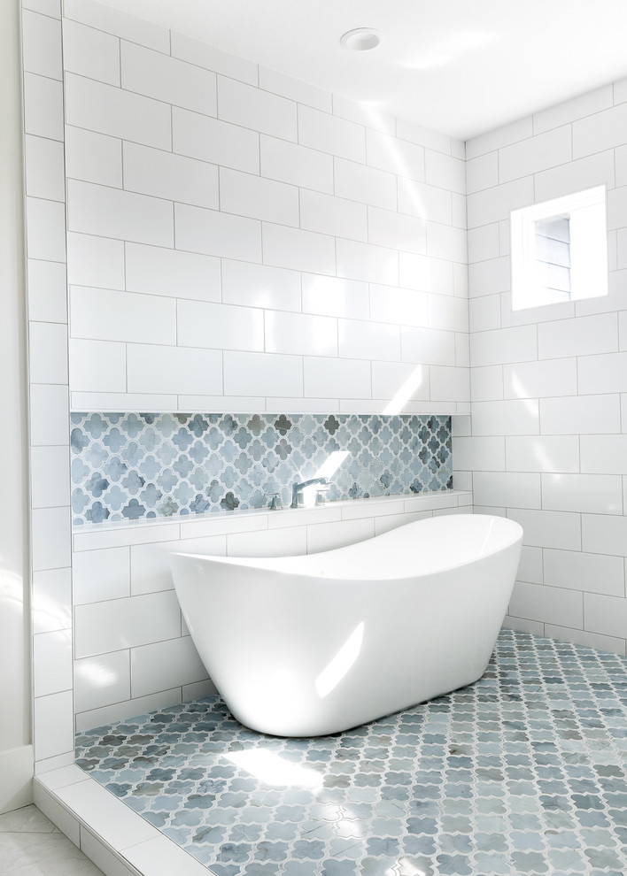 Inspiration for a large transitional master wet room bathroom in Minneapolis with shaker cabinets, white cabinets, a freestanding tub, white tile, grey walls, an undermount sink, quartzite benchtops, an open shower, white benchtops, grey floor, a two-piece toilet, ceramic tile and porcelain floors.