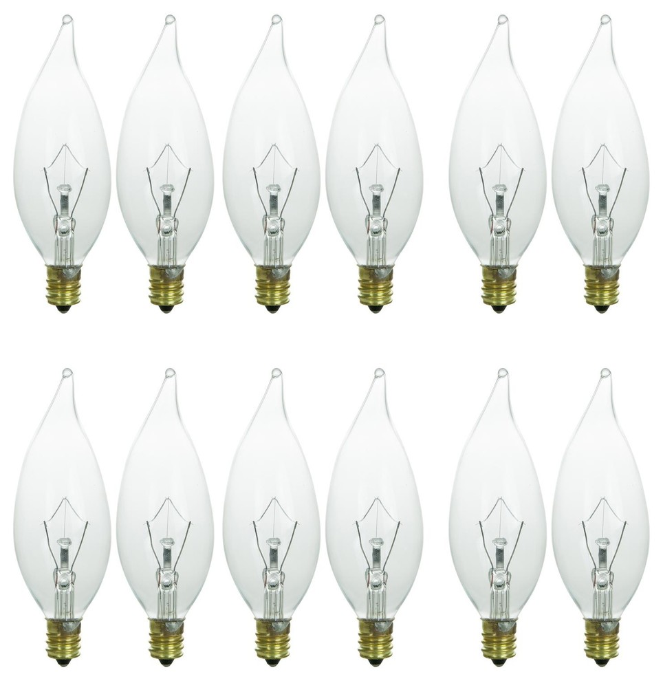 12 Pack Clear Flame Tip Chandelier Bulb, 25W, 120V, 1500 Hrs