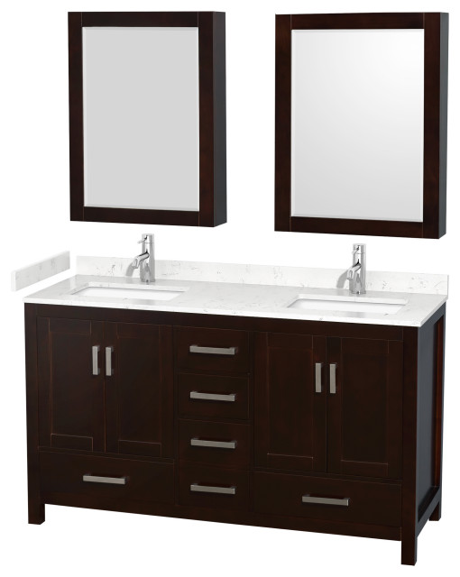 Sheffield 60" Double Vanity, Espresso, Carrara Marble Top, Medicine