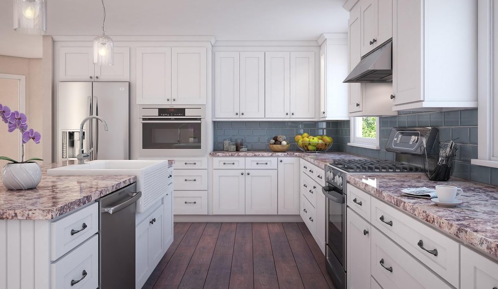 Large contemporary galley eat-in kitchen in Phoenix with a farmhouse sink, shaker cabinets, white cabinets, granite benchtops, blue splashback, subway tile splashback, stainless steel appliances, dark hardwood floors, with island, brown floor and multi-coloured benchtop.