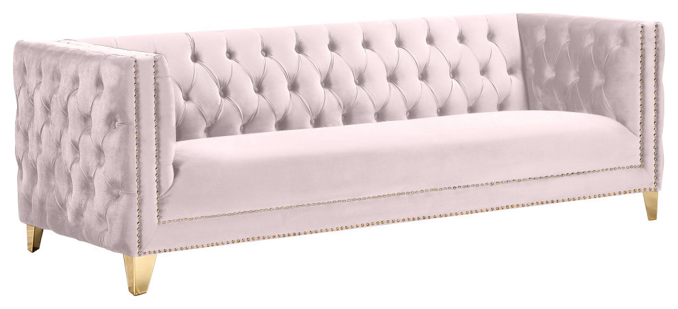 Michelle Fabric Upholstered Chair, Gold Iron Legs, Pink, Velvet, Sofa