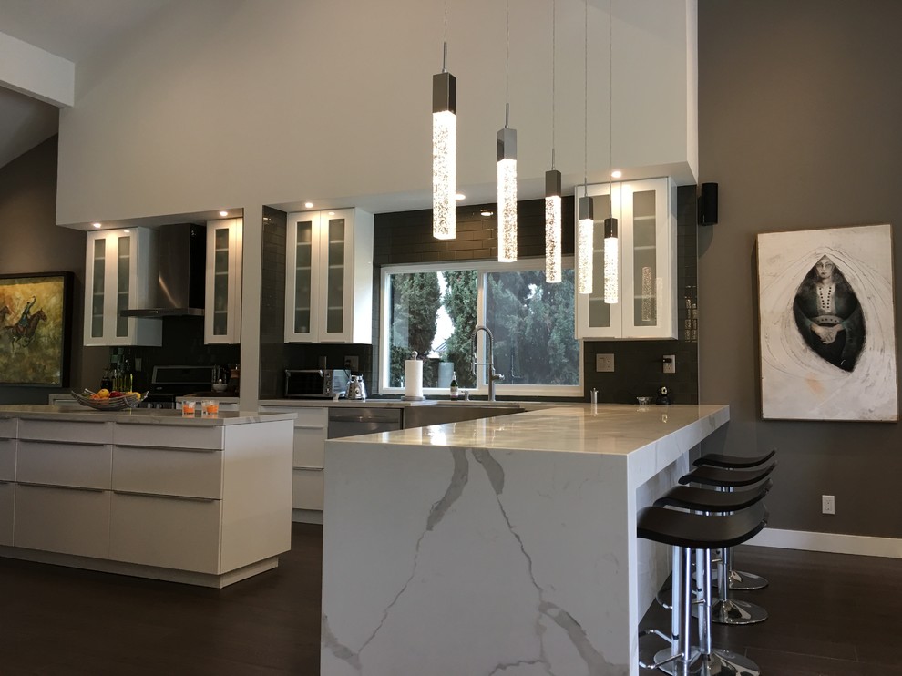 Photo of a mid-sized modern single-wall separate kitchen in Orange County with a farmhouse sink, glass-front cabinets, white cabinets, marble benchtops, grey splashback, glass tile splashback, stainless steel appliances, medium hardwood floors, with island and grey floor.