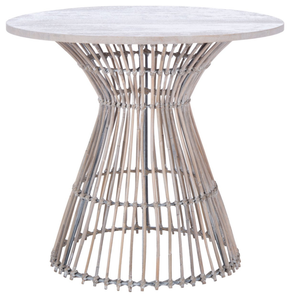 Contemporary Side Table, Rattan Frame & Round Grey Whitewashed Mango Wood Top