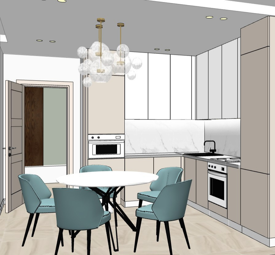 Эскизный проект кухни 11,5 м.кв. для семьи из 5 человек и кошки.