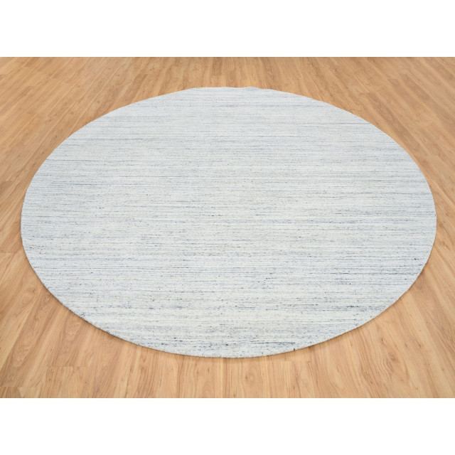 Ivory Hand Loomed Plain Modern Striped Design Organic Wool Round Rug