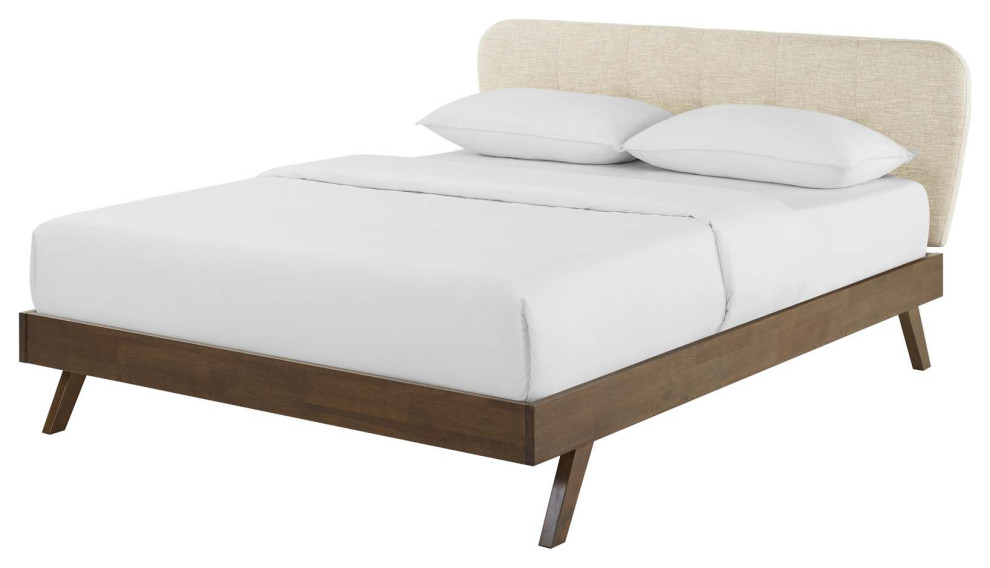 Contemporary Modern Bedroom Queen Size Platform Bed Frame, Fabric, Beige Midcentury Platform