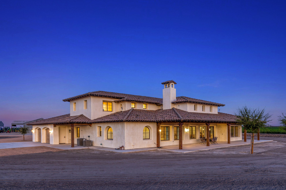 Tuscan Farm Estate Rear Elevation at Twilight | Tuscan Farmhouse