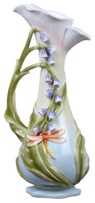 14 Inch Tall Porcelain Bluebell Flower Vase with Stems Handle