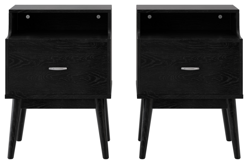 Wilbur Mid Century Wooden Nightstands With Hutch, Set of 2 Midcentury Nightstands And