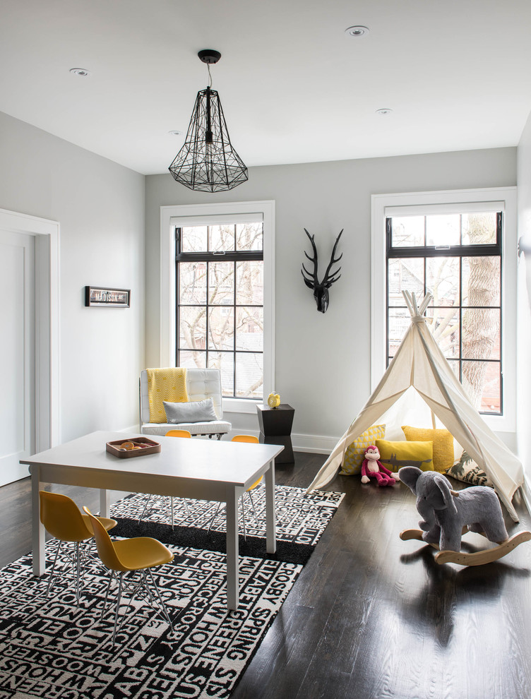 Inspiration for a contemporary gender-neutral kids' playroom in Toronto with grey walls and dark hardwood floors.