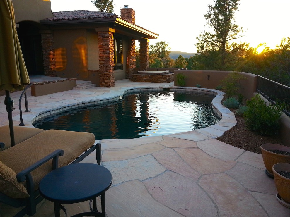 Photo of a mid-sized backyard kidney-shaped pool in Phoenix with natural stone pavers.