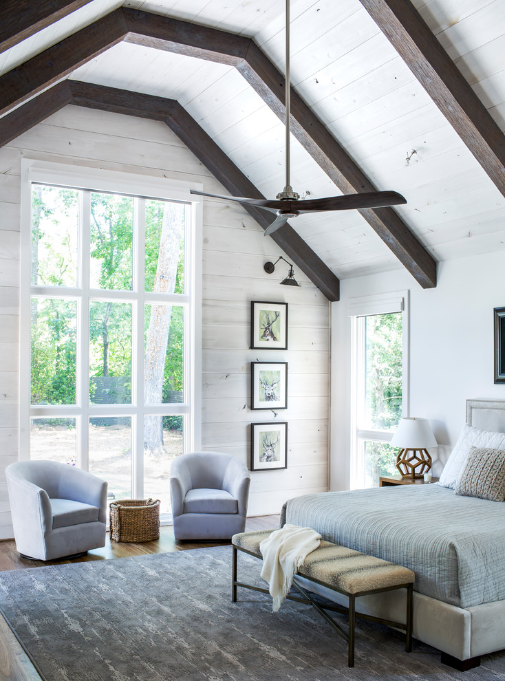 Design ideas for a country master bedroom in Atlanta with white walls, dark hardwood floors and no fireplace.