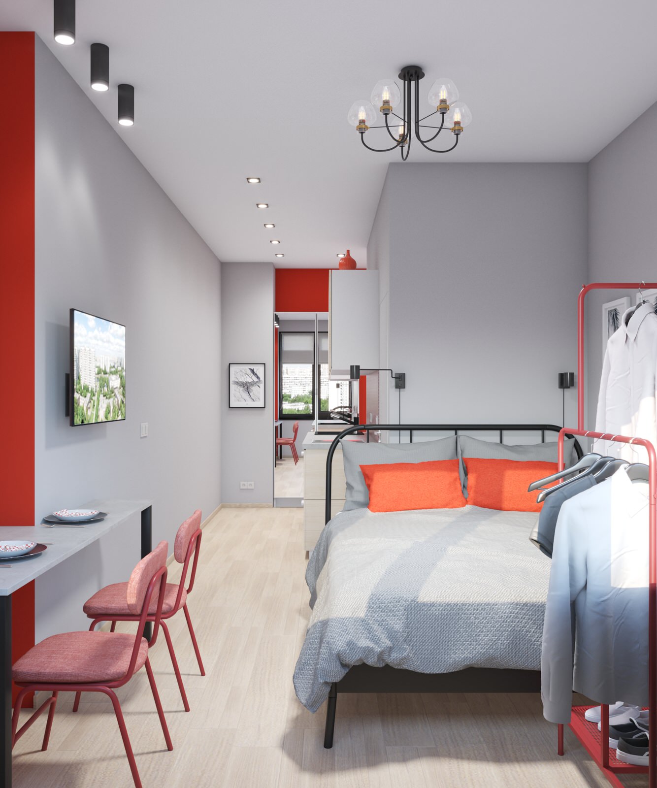 Студия с красными акцентами